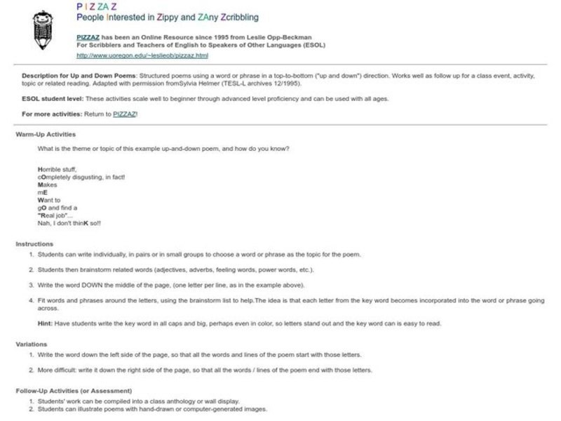 PIZZAZ!...People Interested in Zippy and ZAny Zcribbling: UP and DOWN POEMS Lesson Plan