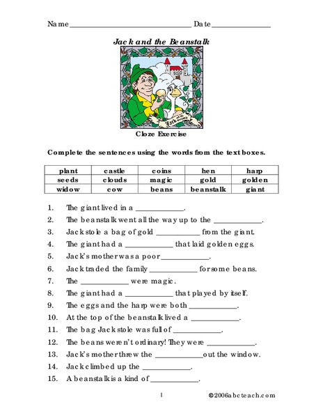 Jack and the Beanstalk Worksheet
