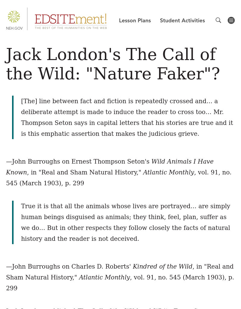Jack London's The Call of the Wild: "Nature Faker"? Lesson Plan