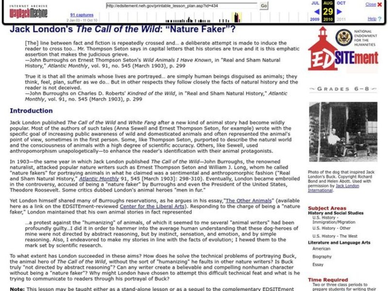 Jack London's The Call of the Wild: "Nature Faker"? Lesson Plan