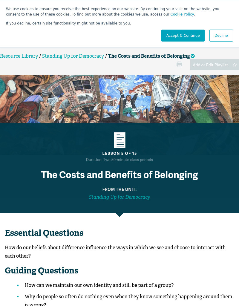 The Costs and Benefits of Belonging Lesson Plan