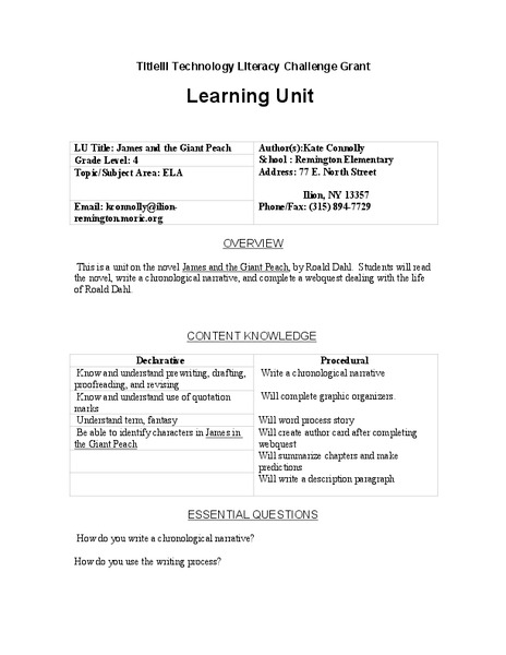 James and the Giant Peach Lesson Plan