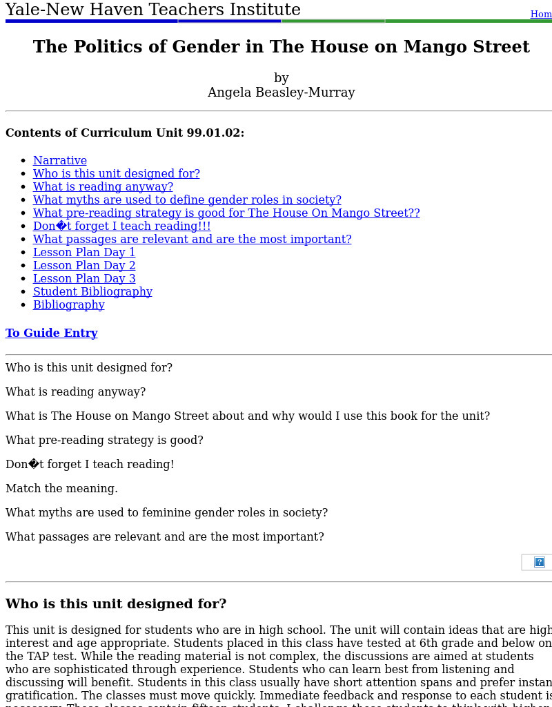 The Politics of Gender in The House on Mango Street Lesson Plan