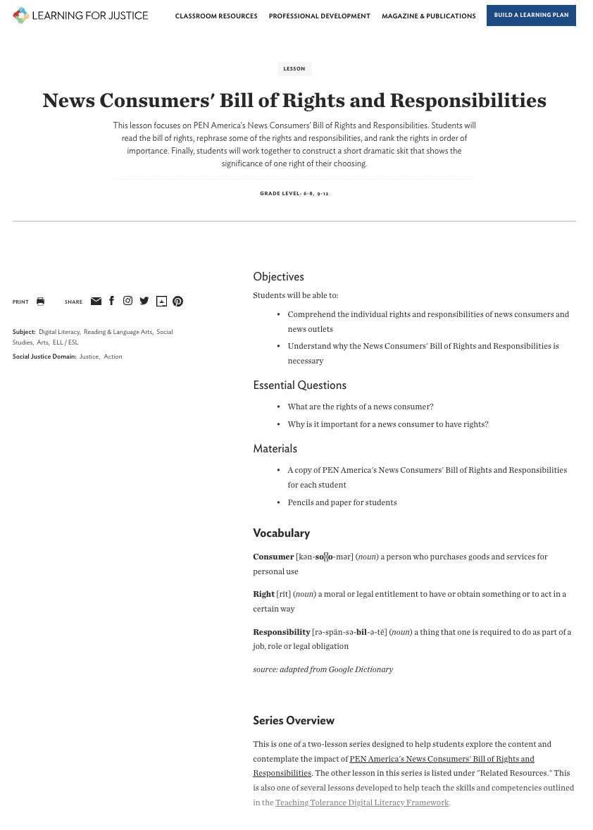 News Consumers' Bill of Rights and Responsibilities Lesson Plan