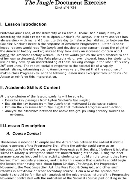 The Jungle Document Exercise Lesson Plan