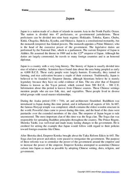 Japan Worksheet
