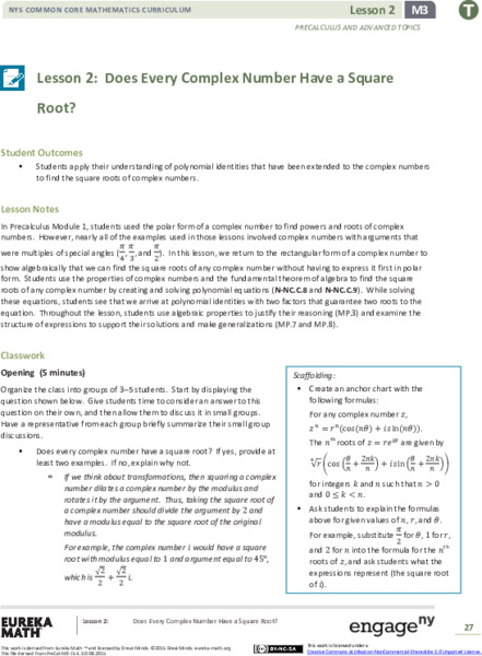 Does Every Complex Number Have a Square Root? Lesson Plan