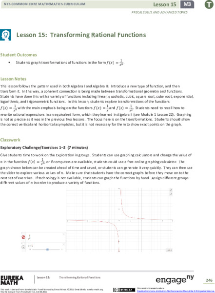 Transforming Rational Functions Lesson Plan