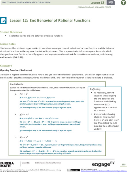 End Behavior of Rational Functions Lesson Plan