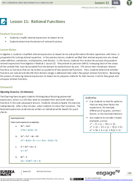 Rational Functions Lesson Plan