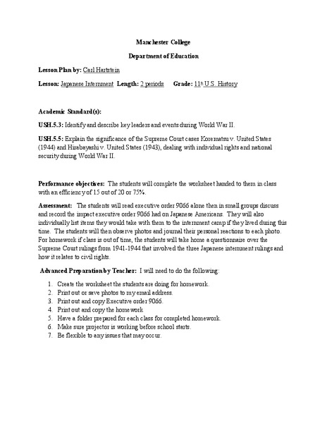 Japanese Internment Lesson Plan