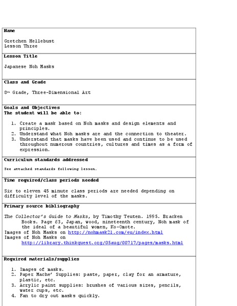 Japanese Noh Masks Lesson Plan