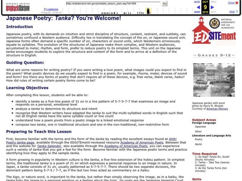 Japanese Poetry: Tanka? You're Welcome! Lesson Plan