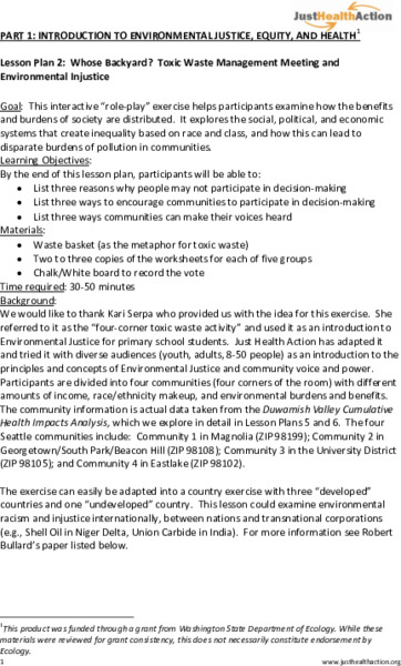 Whose Backyard? Toxic Waste Management Meeting and Environmental Injustice Lesson Plan