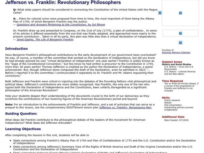 Jefferson vs. Franklin: Revolutionary Philosophers Lesson Plan