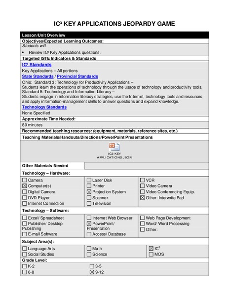 Jeopardy Game Lesson Plan