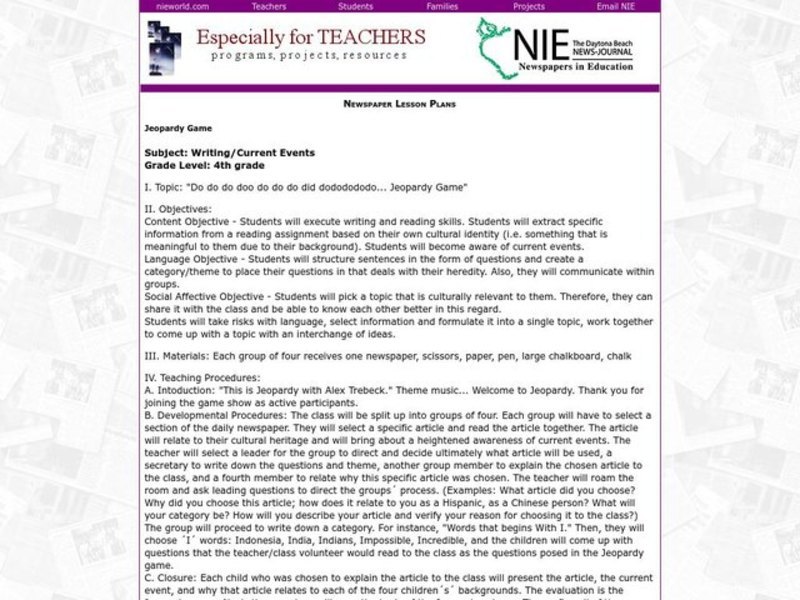 Jeopardy Game Lesson Plan