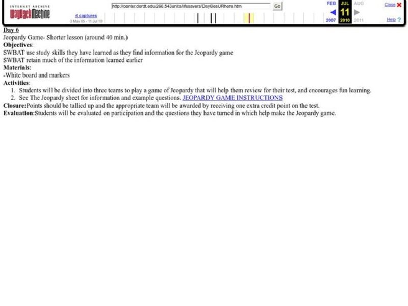 Jeopardy Game Lesson Plan