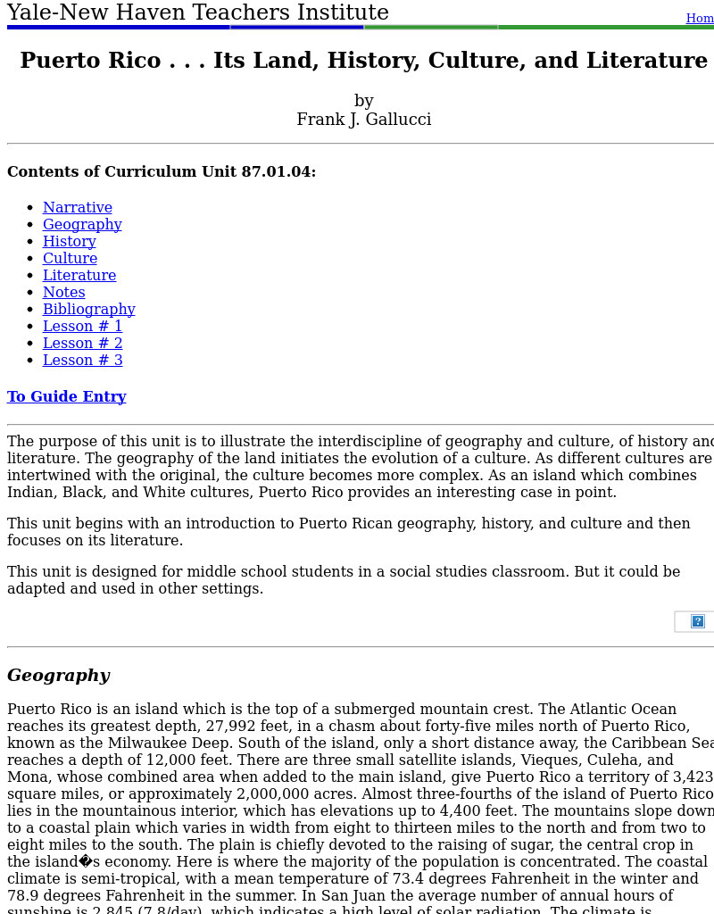 Puerto Rico . . . Its Land, History, Culture, and Literature Lesson Plan