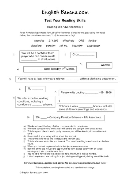 Job Advertisements Worksheet