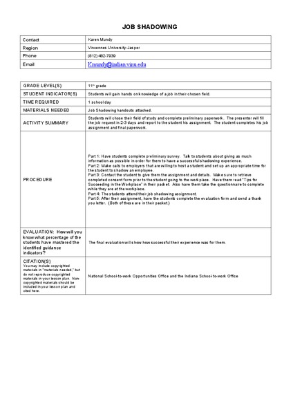 Job Shadowing Lesson Plan