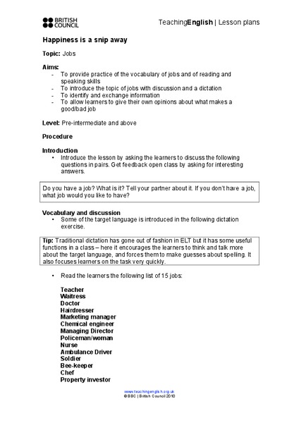 Jobs Lesson Plan