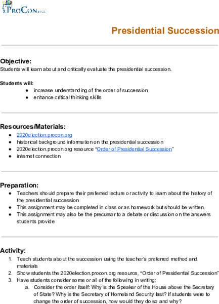 Presidential Succession Lesson Plan