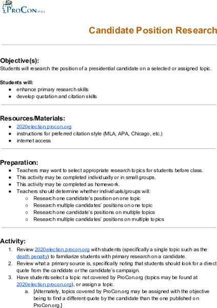 Candidate Position Research Lesson Plan