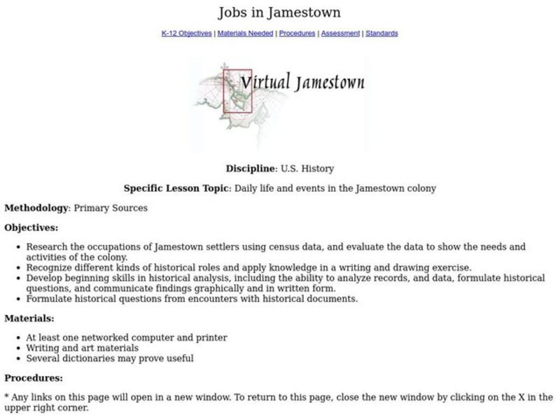 Jobs in Jamestown Lesson Plan