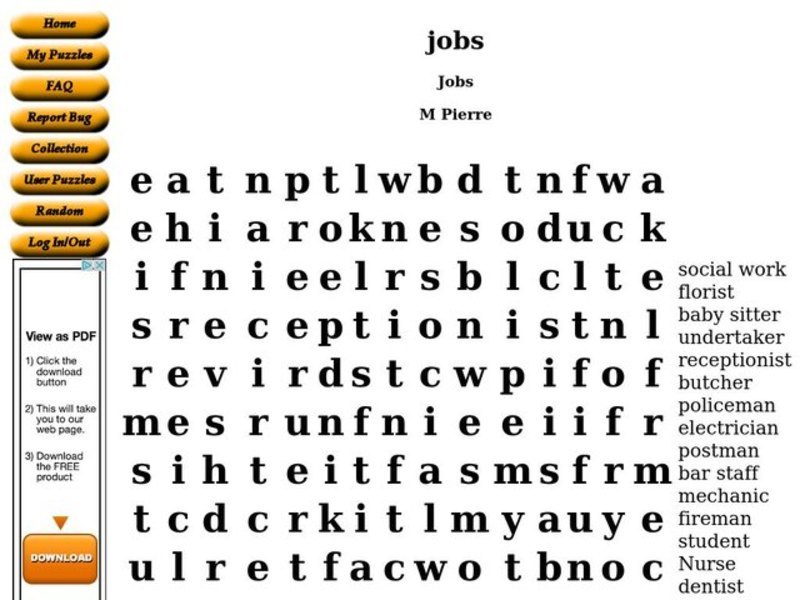 Jobs Word Search Worksheet
