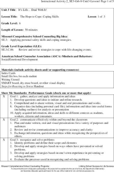 The Hope to Cope: Coping Skills Lesson Plan