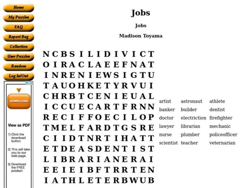 Jobs Word Search Worksheet