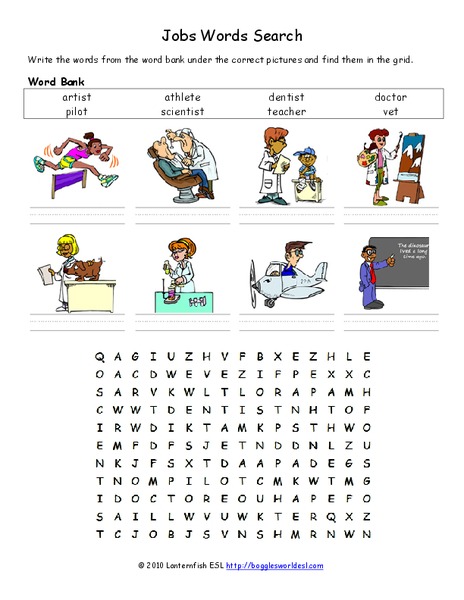 Jobs Word Search Worksheet