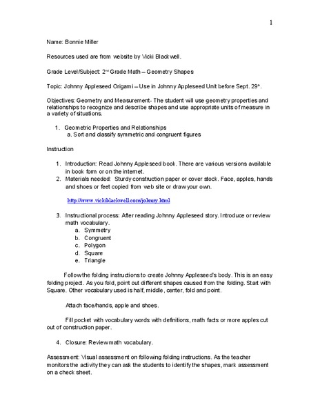 Johnny Appleseed Origami Lesson Plan
