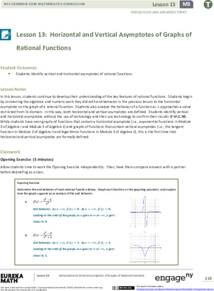 Horizontal and Vertical Asymptotes of Graphs of Rational Functions Lesson Plan