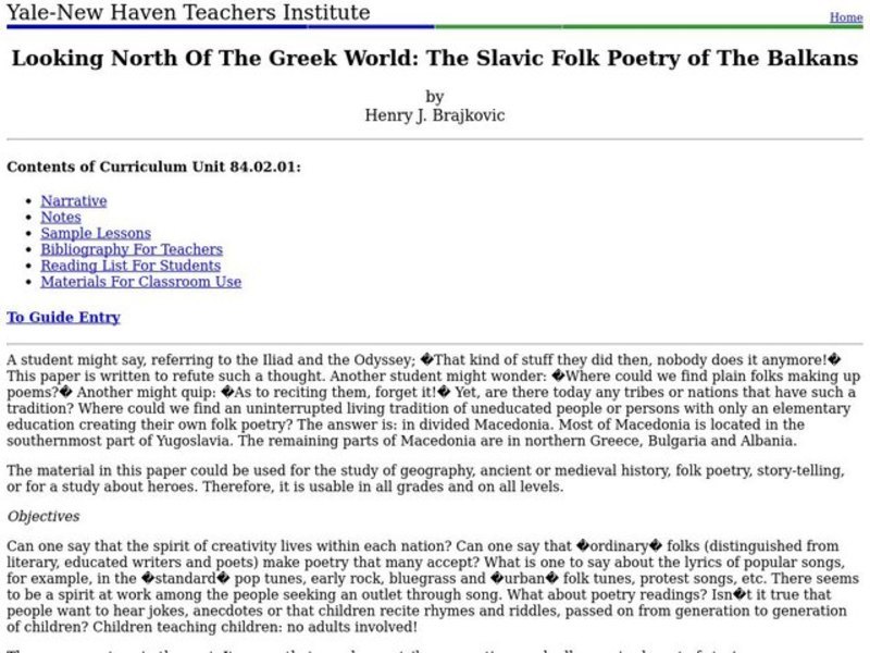 Looking North Of The Greek World: The Slavic Folk Poetry of The Balkans Unit Plan