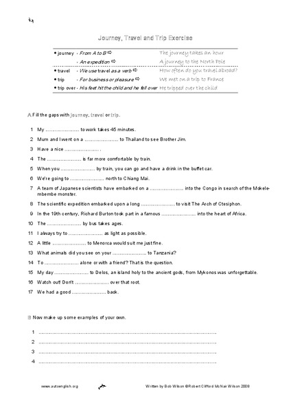 Journey, Travel and Trip Exercise Worksheet