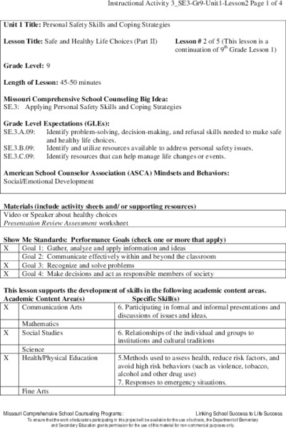Safe and Healthy Life Choices (Part 2) Lesson Plan