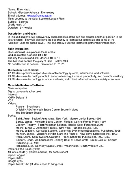 Journey To The Solar System Lesson Plan