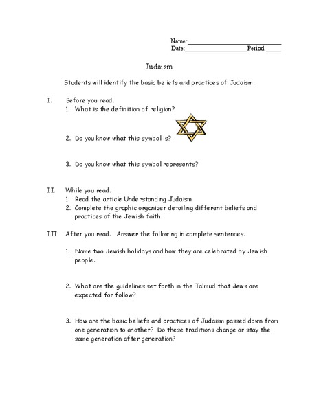 Judaism Worksheet