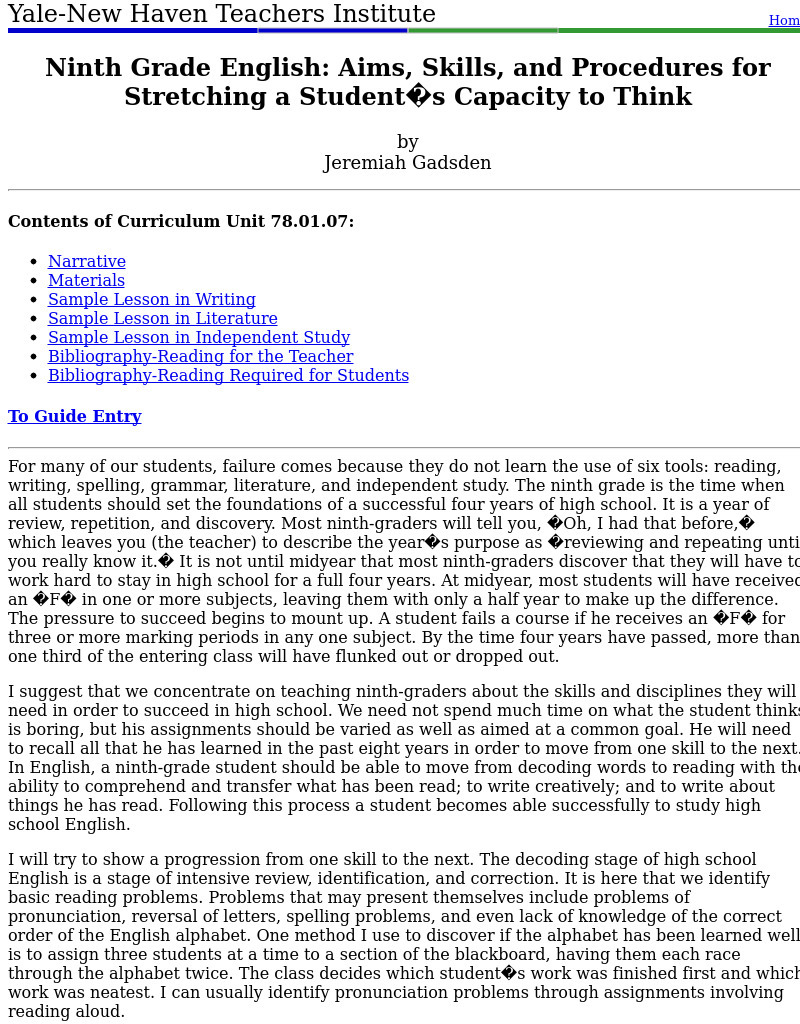 Ninth Grade English: Aims, Skills, and Procedures for Stretching a Student's Capacity to Think Lesson Plan