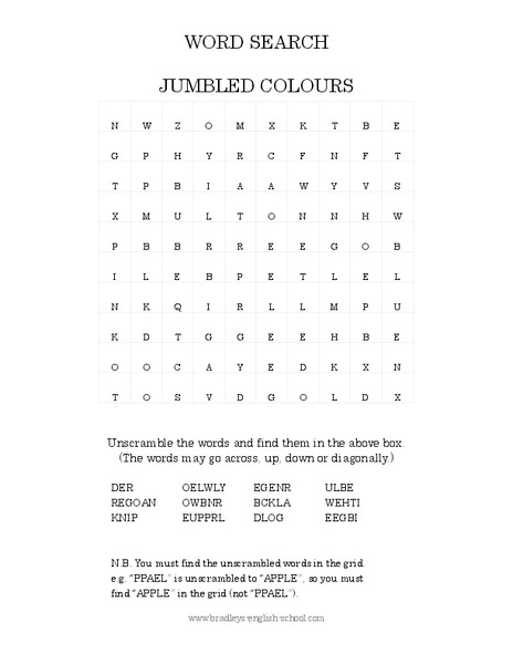Jumbled Colours Word Search Worksheet