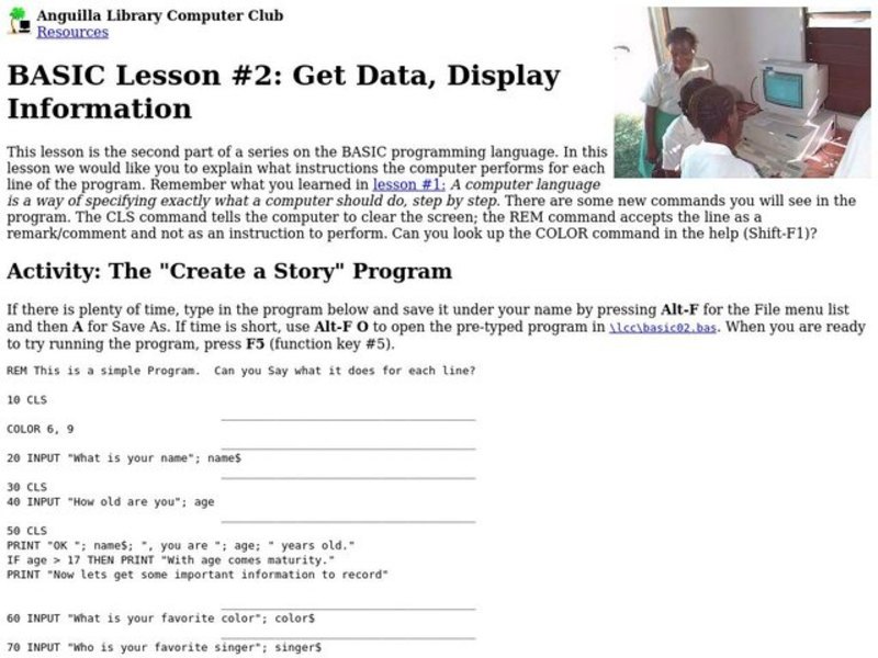 BASIC Lesson: Get Data, Display Information Lesson Plan