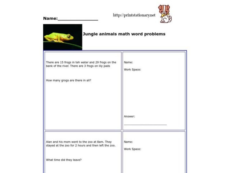Jungle Animals Math Word Problems Worksheet