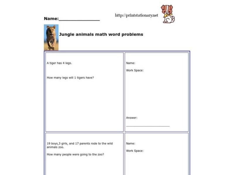 Jungle Animals Math Word Problems Worksheet