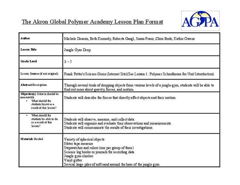 Jungle Gym Drop Lesson Plan