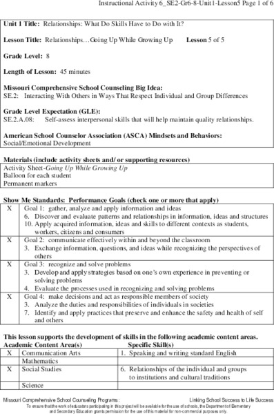 Relationships…Going Up While Growing Up Lesson Plan