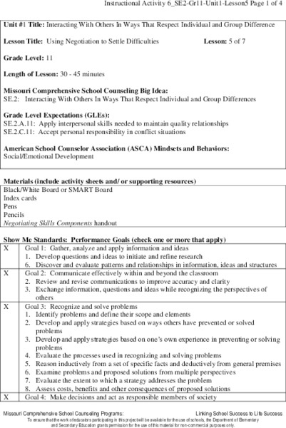 Using Negotiation to Settle Difficulties Lesson Plan