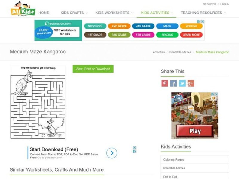 Kangaroo Maze Worksheet