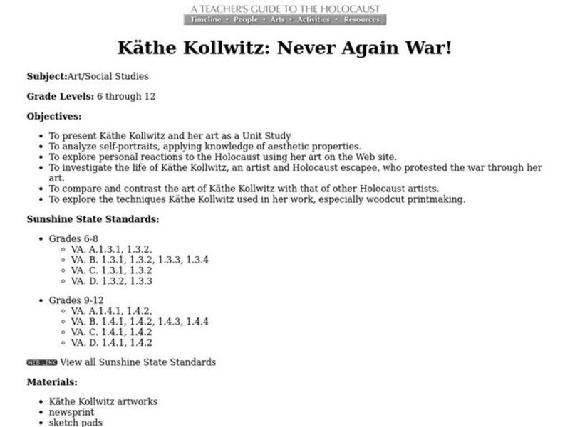 Käthe Kollwitz: Never Again War! Lesson Plan